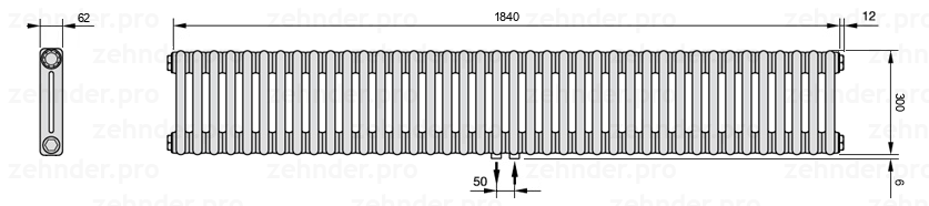 Схема (чертеж) Радиатор Zehnder Charleston 2030/40 №5410 Белый глянцевый RAL 9016